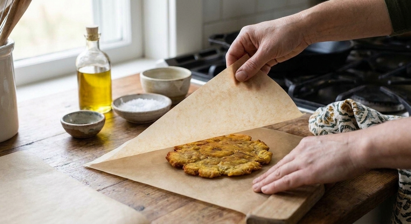 A flattened plantain round being pressed between parchment paper, showing rough edges ready for the second fry