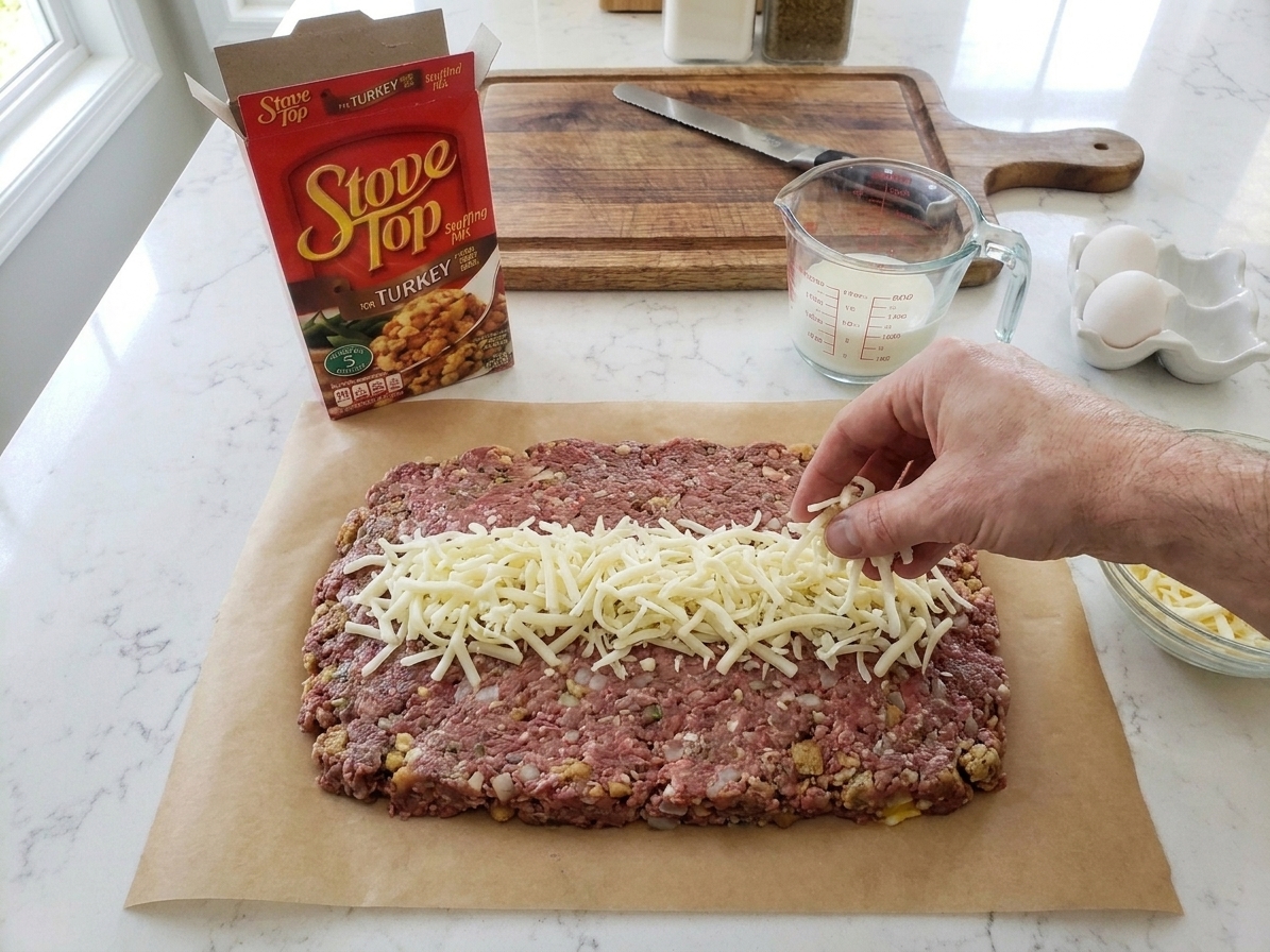A flattened rectangle of meatloaf mixture on parchment with shredded mozzarella piled in a line down the center
