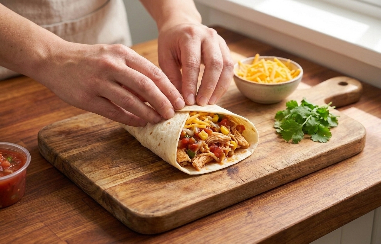 A flour tortilla being rolled tightly around chicken filling on a cutting board with the sides folded in