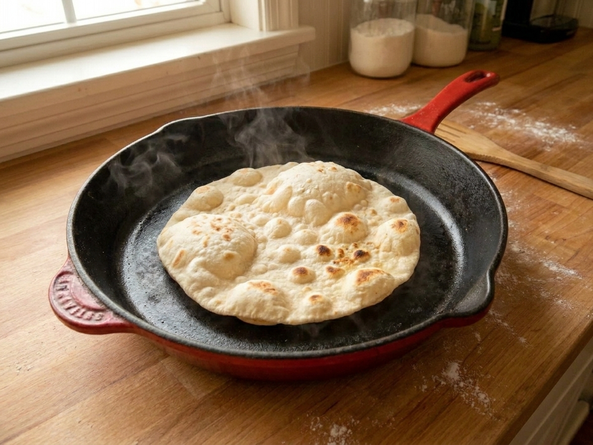 A flour tortilla bubbling as it cooks on a hot cast iron skillet with light golden brown spots forming