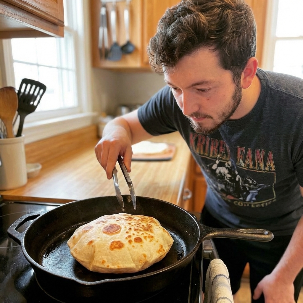 A flour tortilla cooking in a cast iron skillet with golden brown spots forming