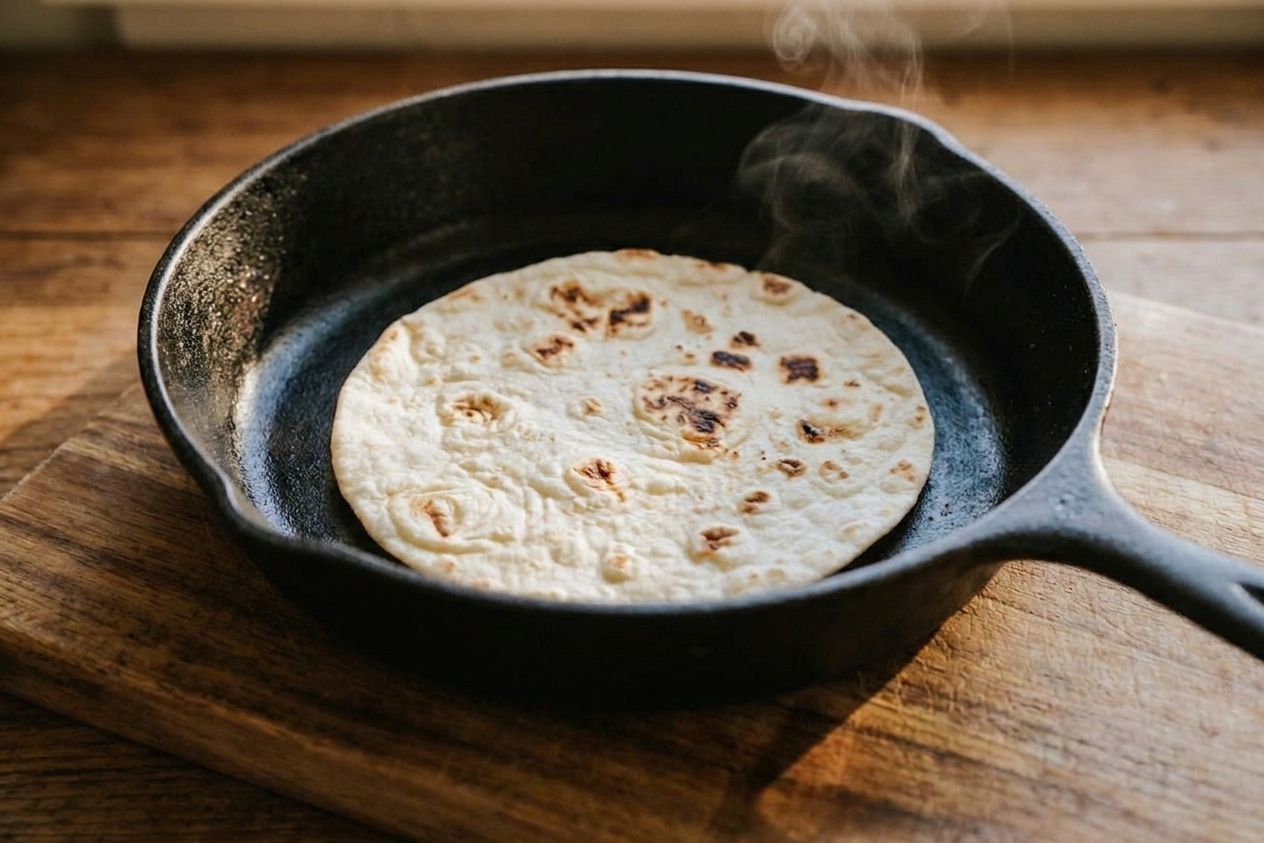 A flour tortilla cooking in a hot cast iron skillet with small bubbles forming and golden brown spots developing