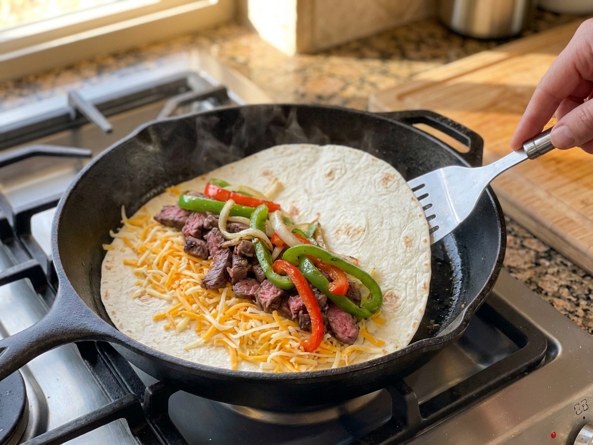 A flour tortilla in a skillet being topped with shredded cheese, sliced steak, and sautéed peppers and onions before folding