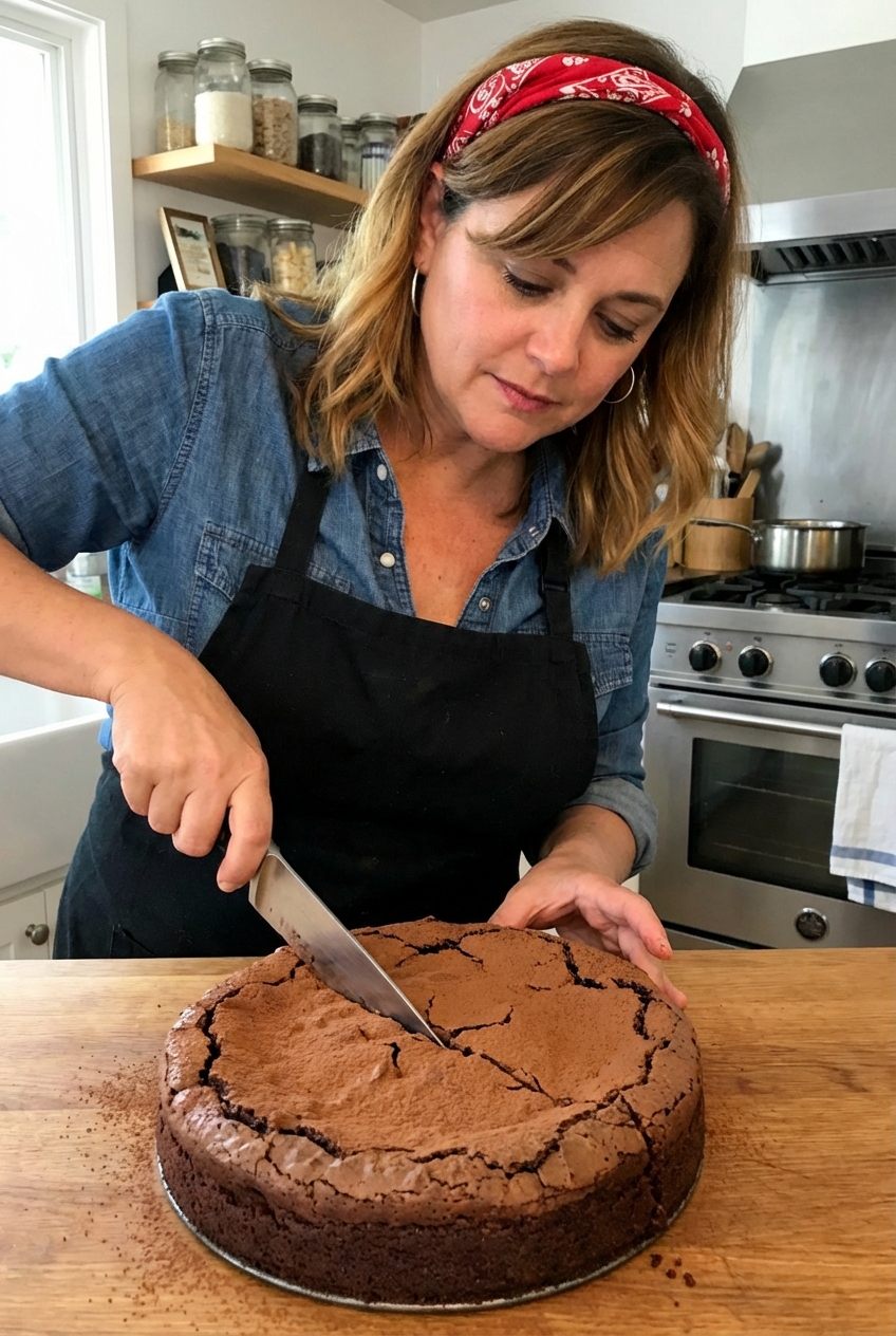 A flourless chocolate cake with a crackly top being sliced with a knife