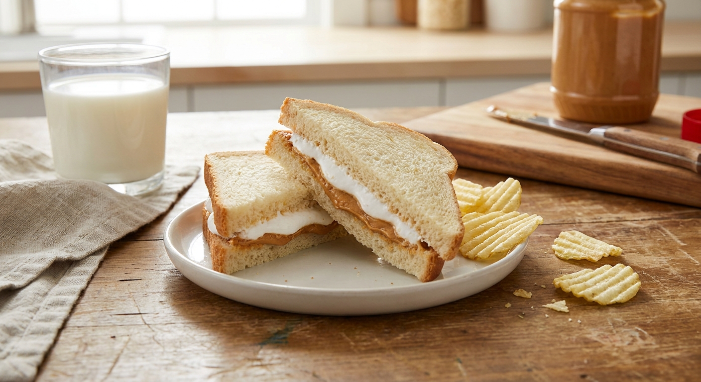 A fluffernutter sandwich cut in halves on a small plate with a few potato chips beside it on a wooden table