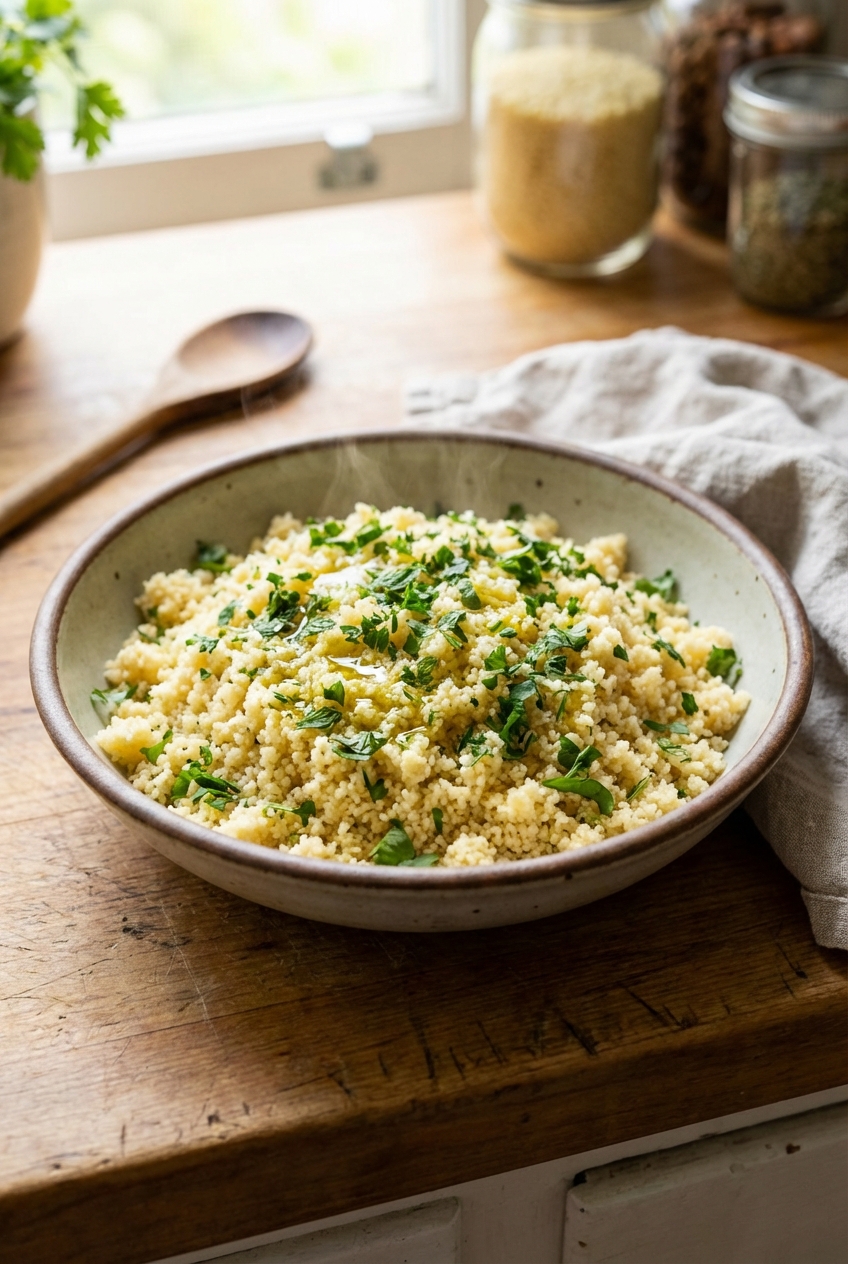 A fluffy pile of cooked couscous in a bowl with chopped herbs