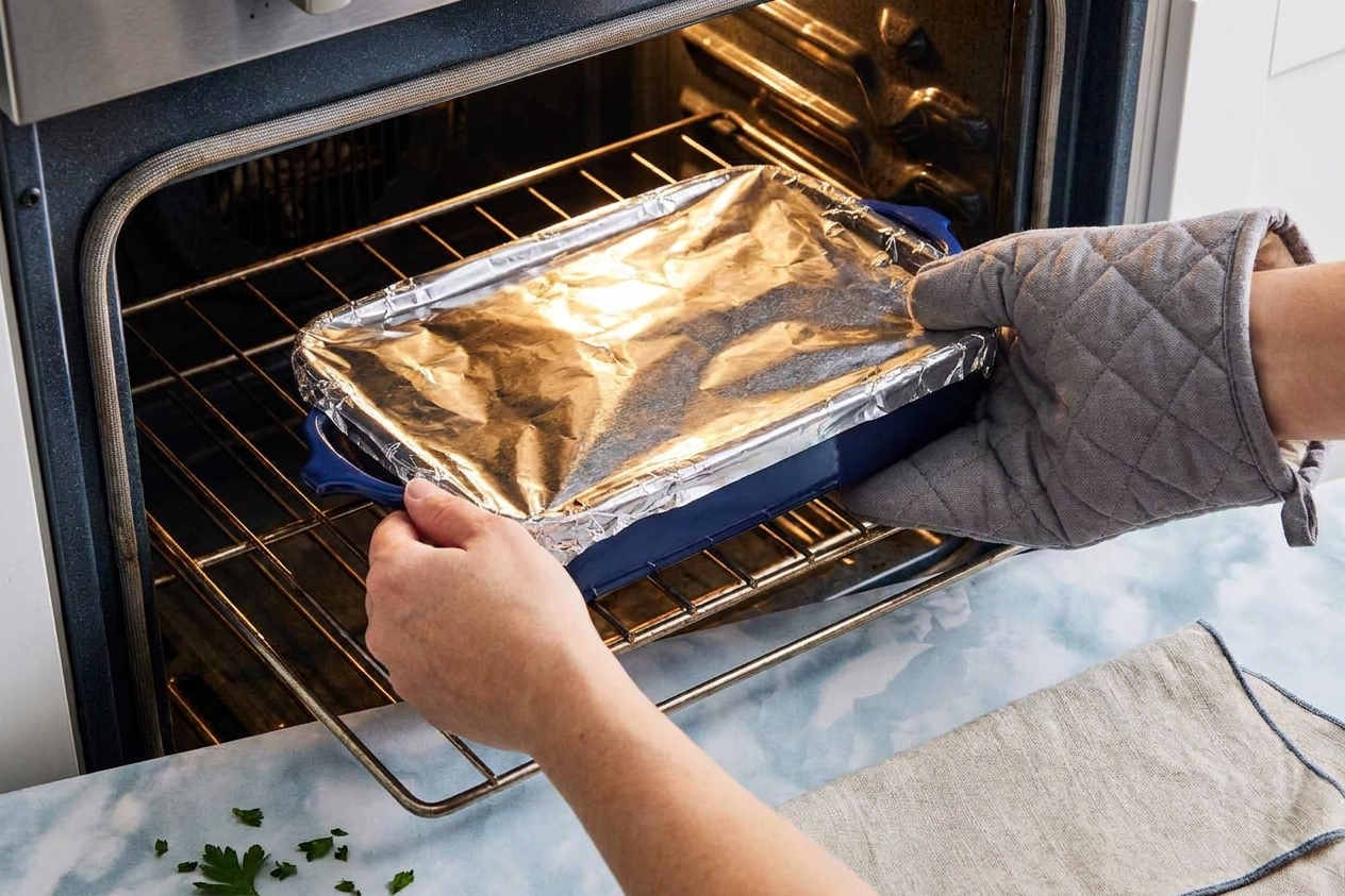 A foil-covered 9x13-inch casserole dish being placed on an oven rack in a home kitchen