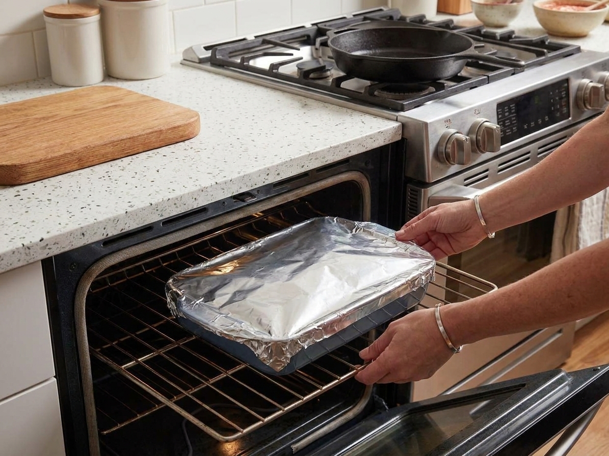 A foil-covered baking dish being slid onto an oven rack in a home kitchen