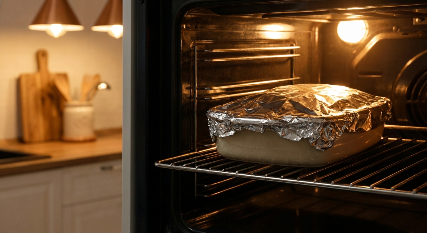 A foil-covered baking dish of cannelloni sitting on an oven rack with warm kitchen lighting