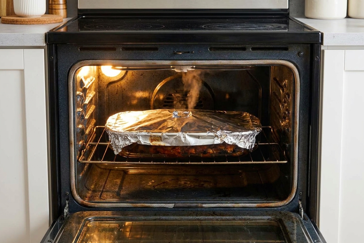 A foil-covered baking dish of country style ribs resting on an oven rack in a warm home kitchen