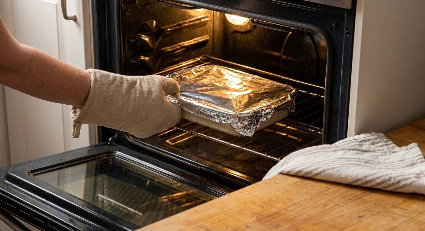 A foil-covered baking dish of ravioli being placed onto an oven rack with warm kitchen lighting