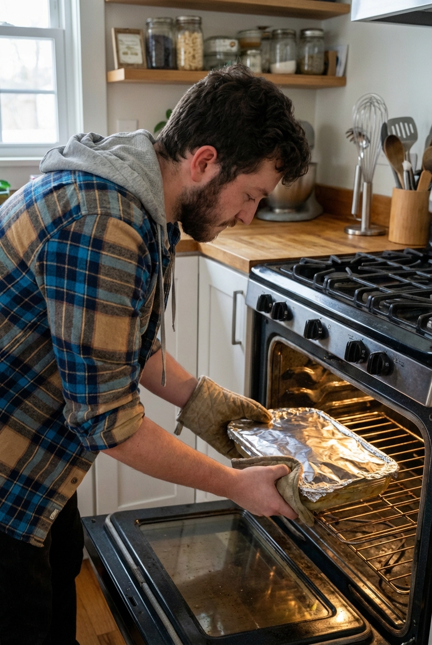 A foil-covered baking dish of scalloped potatoes being placed into an oven