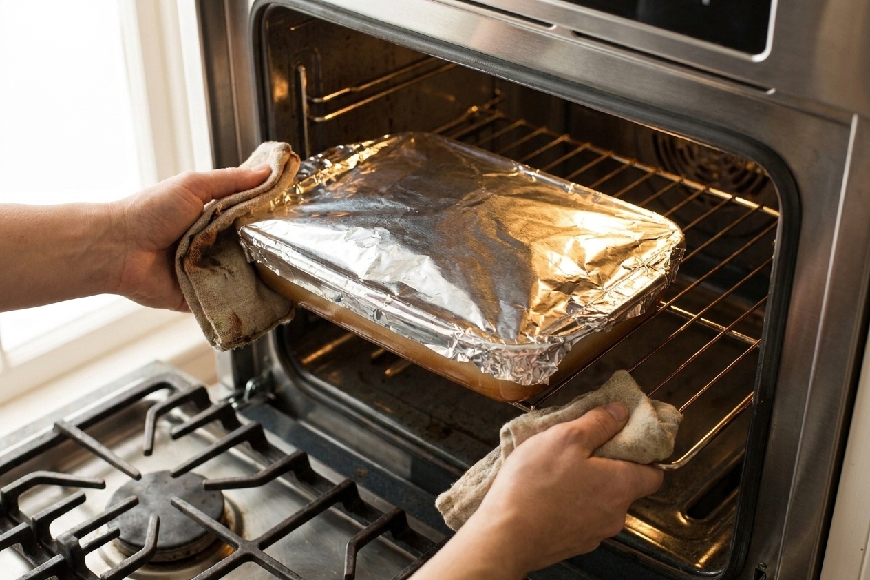 A foil-covered casserole dish being placed into an oven on the center rack