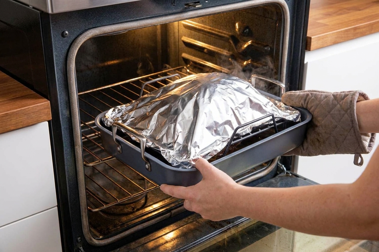 A foil-covered ham in a roasting pan being placed into a home oven