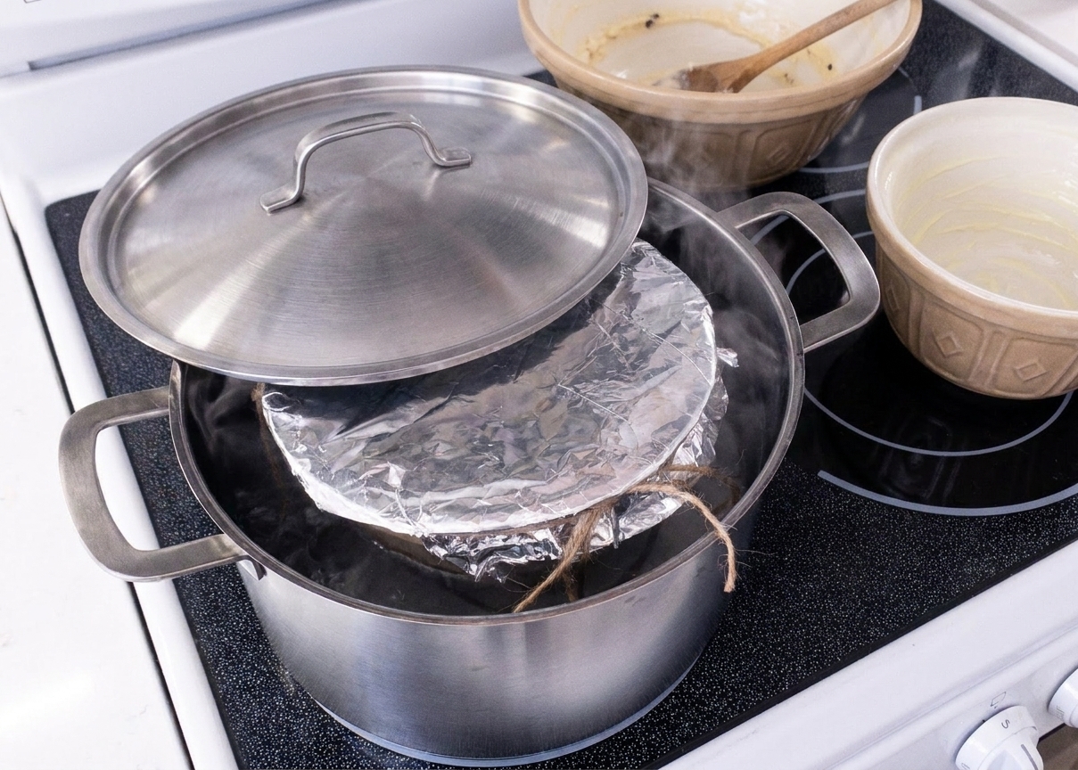 A foil-covered heatproof bowl sitting inside a large pot over simmering water, ready to steam under a lid