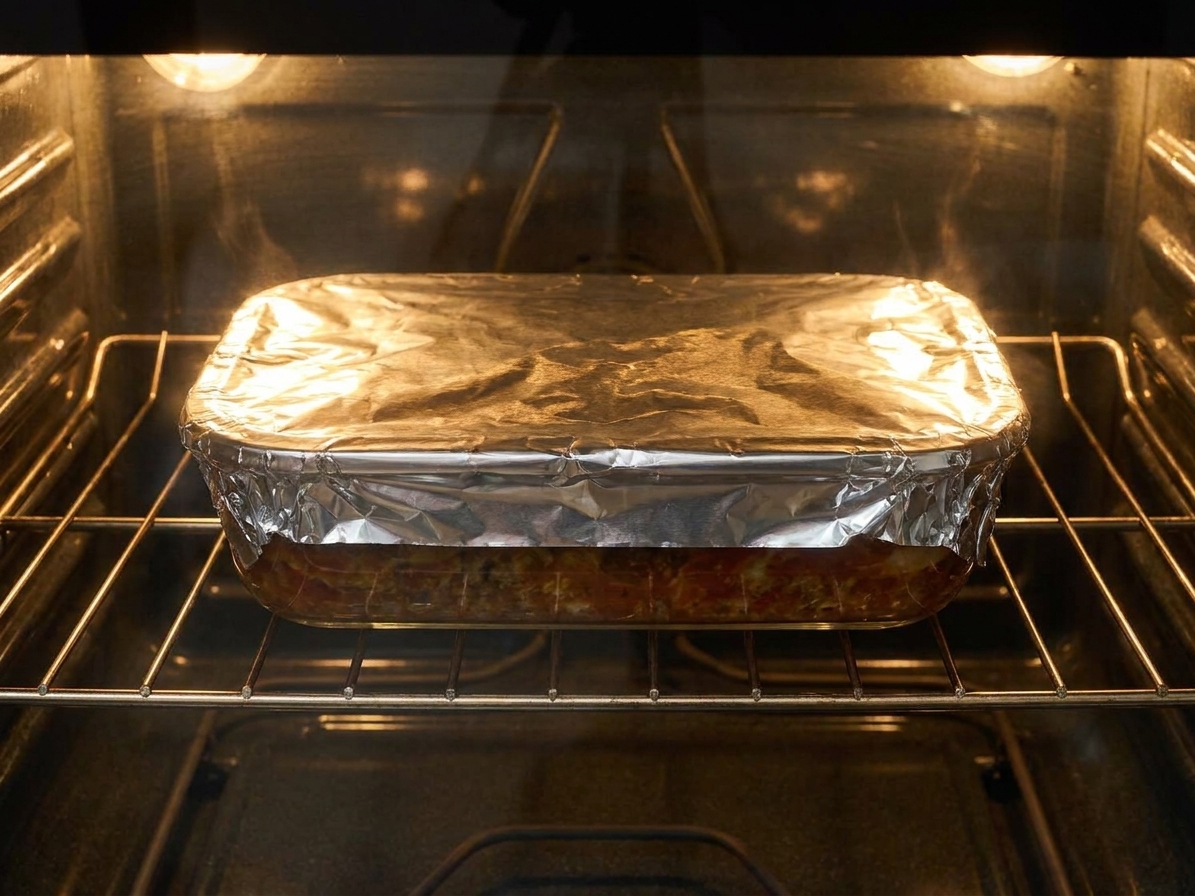 A foil-covered lasagna baking on the middle oven rack with warm oven light