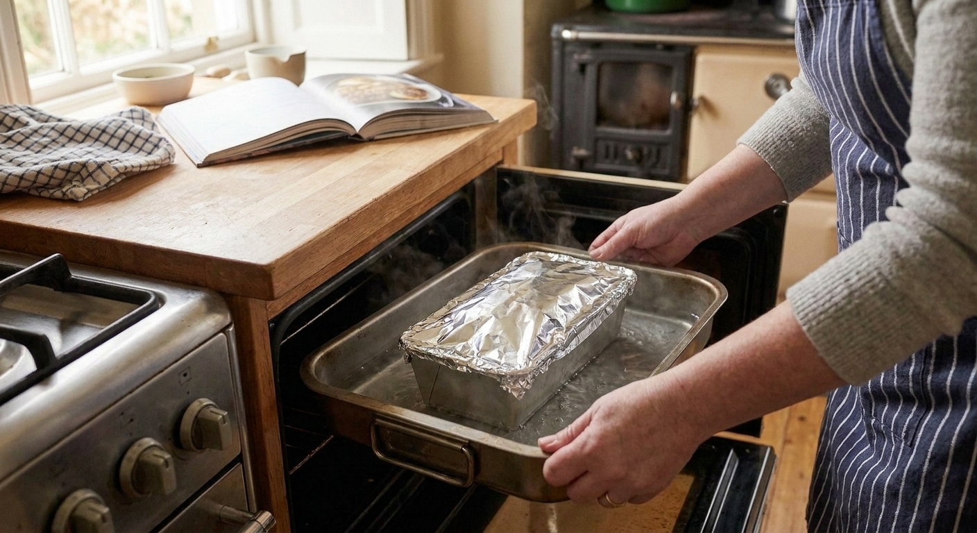 A foil-covered loaf pan sitting in a roasting pan filled halfway with hot water, ready to bake