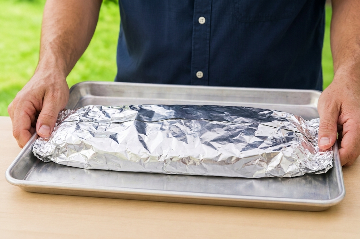 A foil-covered sheet pan holding pork spare ribs, sealed tightly and ready for the oven