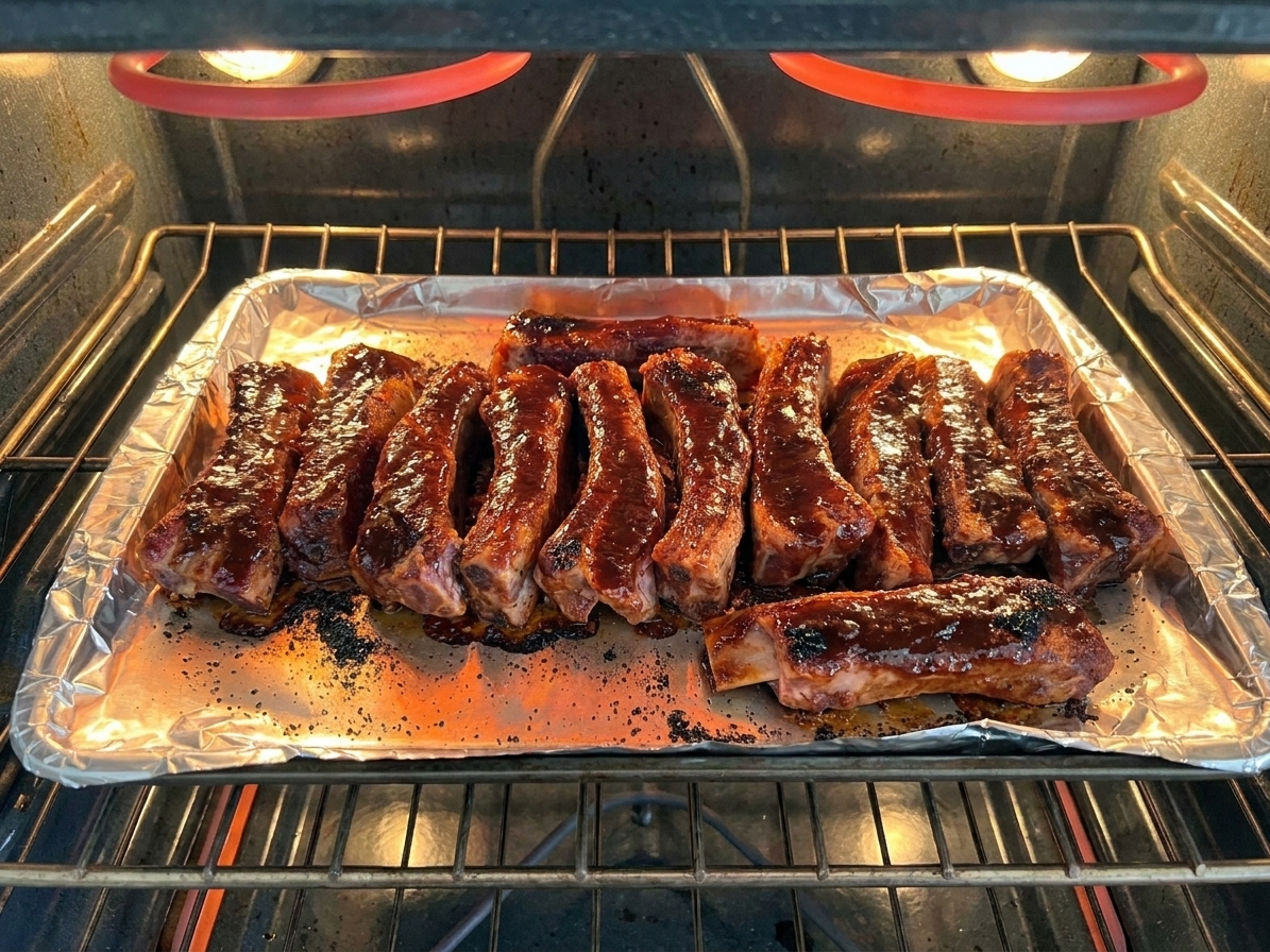 A foil-lined baking sheet of glazed riblets on an oven rack with the broiler on, sauce bubbling and caramelizing