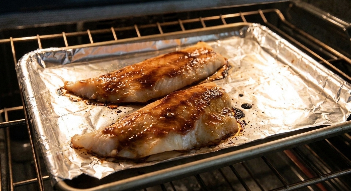A foil-lined sheet pan of miso-glazed cod under the broiler with the glaze bubbling and browning