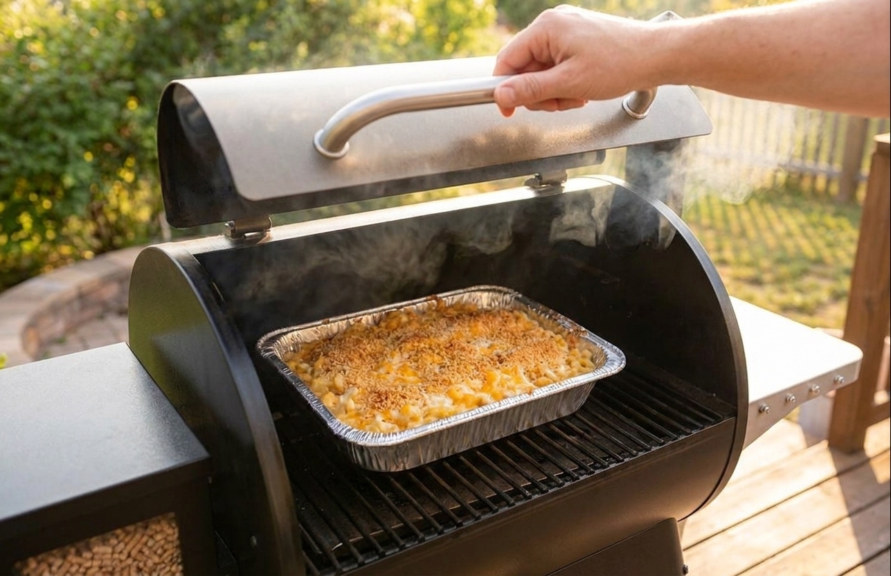 A foil pan of mac and cheese sitting on smoker grates with light smoke drifting upward while the lid is briefly opened