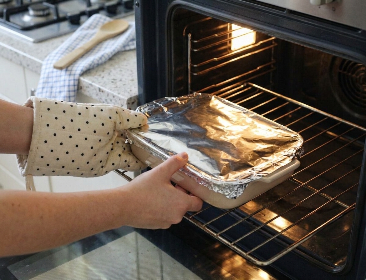 A foil-topped baking dish being placed onto an oven rack in a warmly lit home kitchen