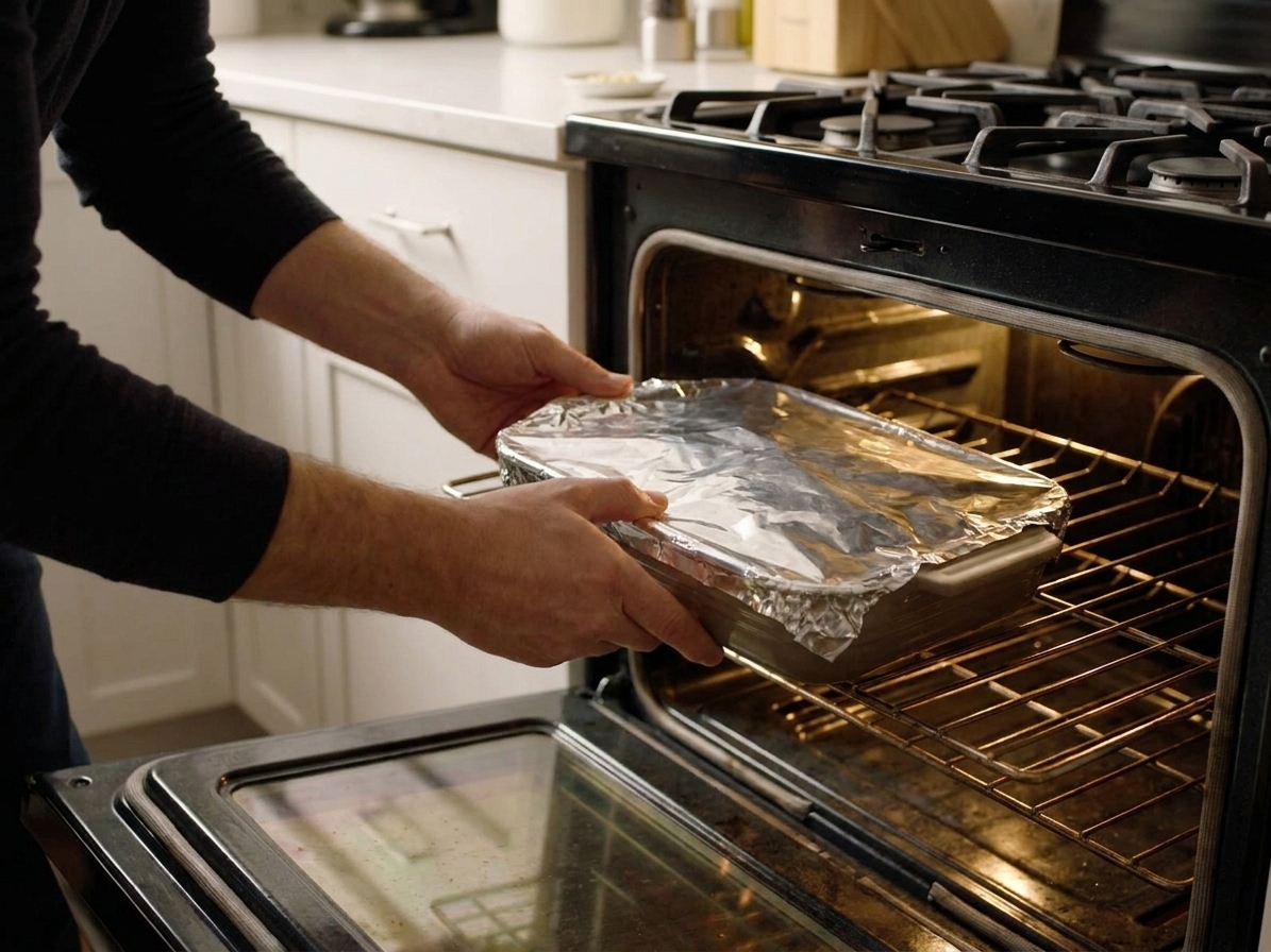 A foil-topped casserole dish of baked ziti being placed onto an oven rack in a home oven
