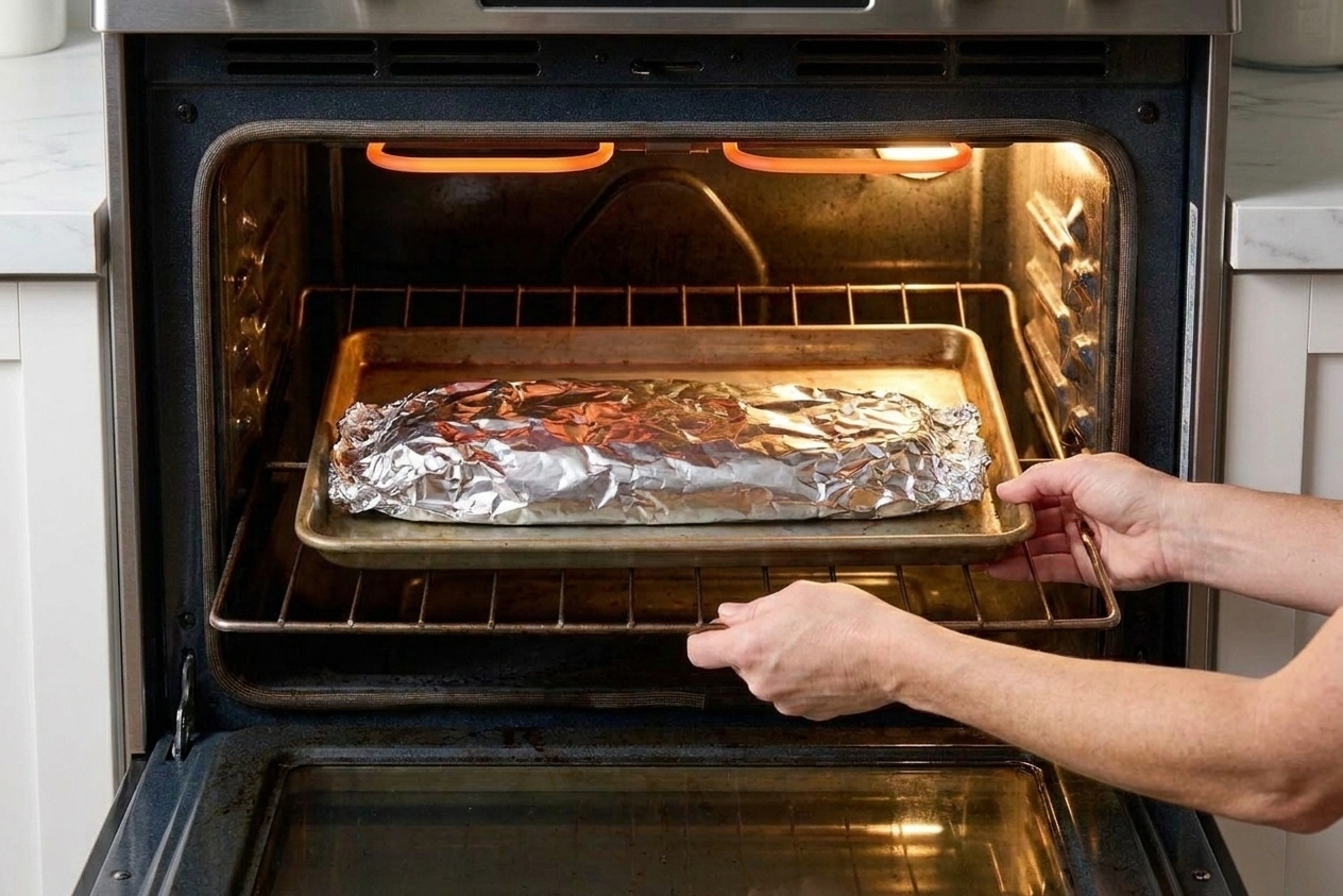 A foil-wrapped rack of ribs on a rimmed baking sheet being placed into an oven, warm kitchen lighting