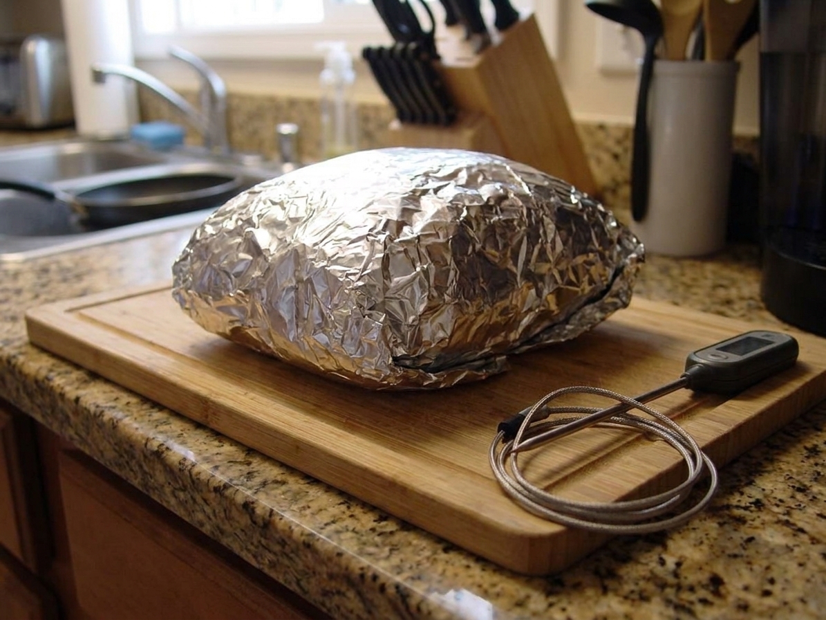 A foil-wrapped smoked pork shoulder resting on a cutting board with a thermometer probe nearby on a kitchen counter