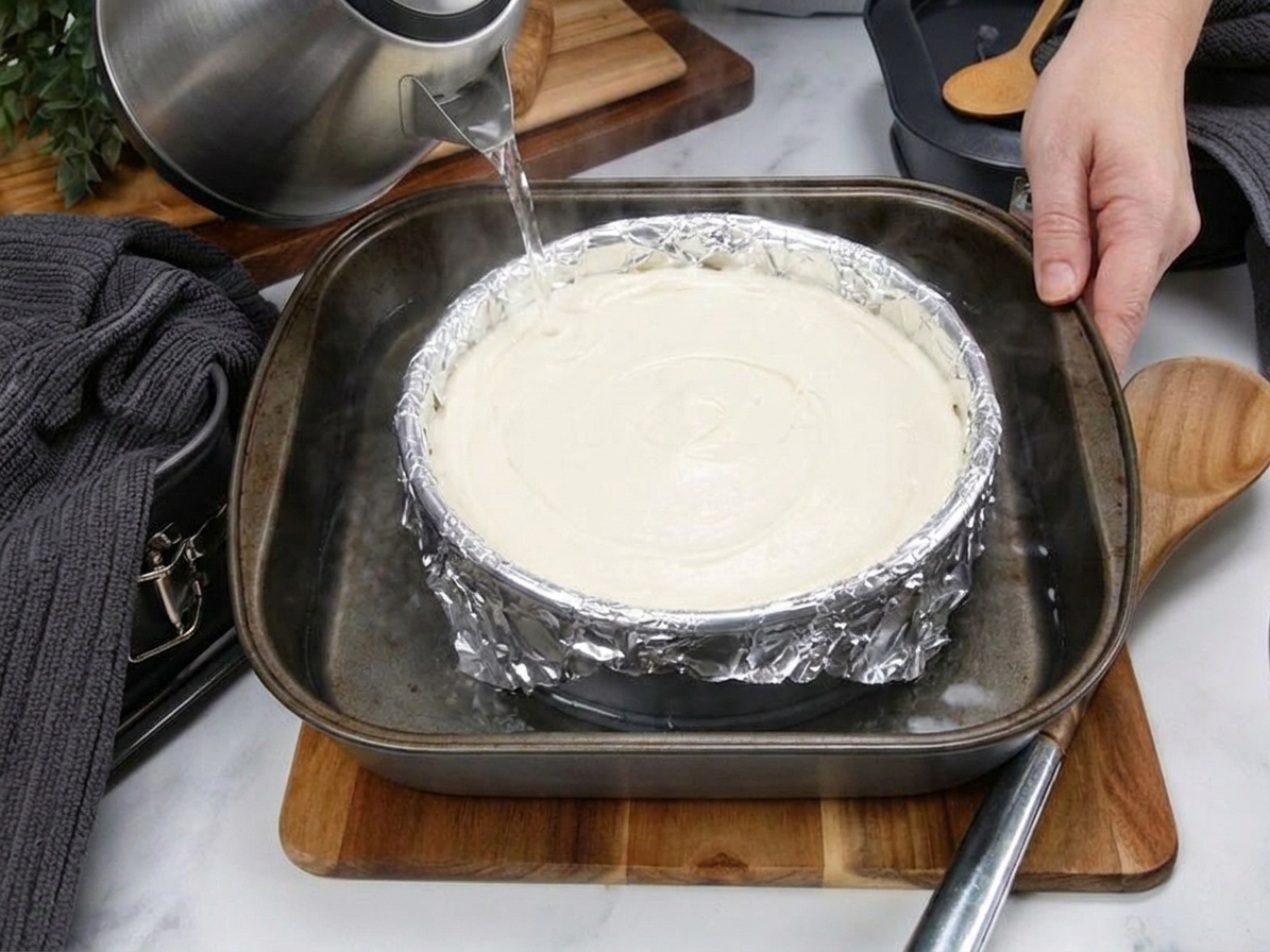 A foil-wrapped springform pan filled with cheesecake batter sitting inside a roasting pan as hot water is poured around it