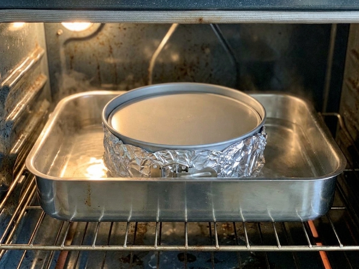A foil-wrapped springform pan sitting in a roasting pan filled with hot water on an oven rack
