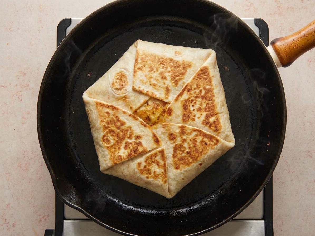 A folded Crunchwrap cooking seam-side down in a hot skillet until golden brown
