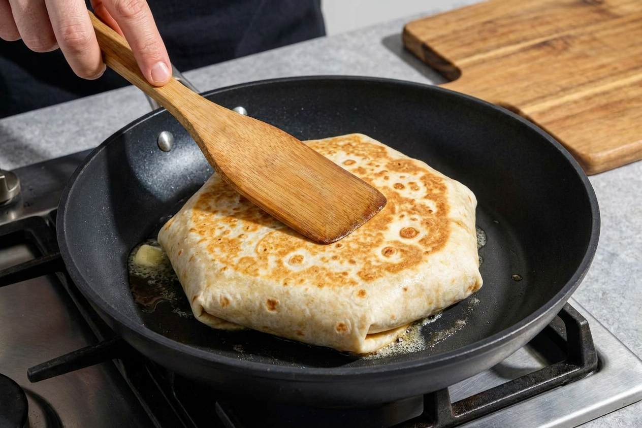 A folded Crunchwrap cooking seam-side down in a nonstick skillet while a spatula gently presses the top to seal the folds