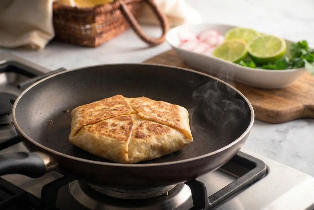A folded Crunchwrap cooking seam-side down in a skillet, turning golden brown with crisp edges