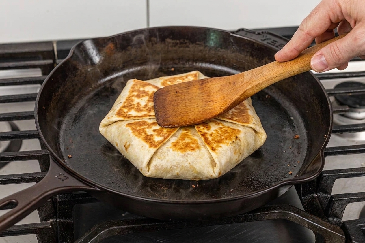 A folded crunchwrap toasting seam-side down in a skillet, with a spatula pressing lightly on top as it browns