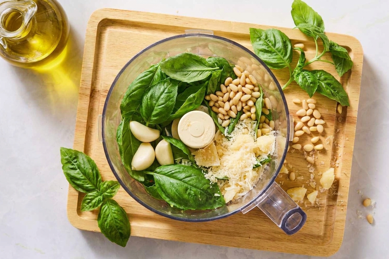 A food processor bowl filled with basil leaves, garlic cloves, nuts, and grated Parmesan before blending