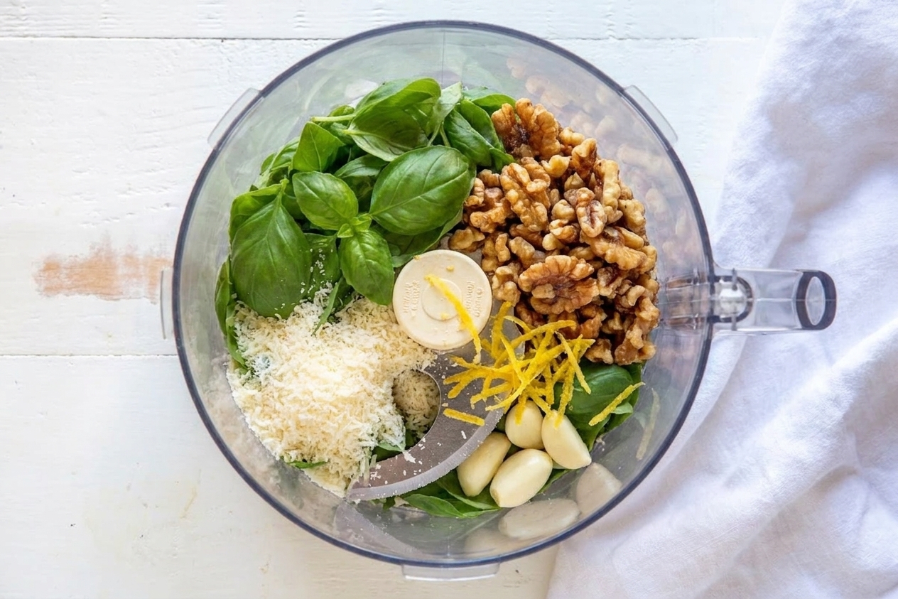 A food processor bowl filled with basil, toasted walnuts, grated Parmesan, garlic, and lemon zest before blending