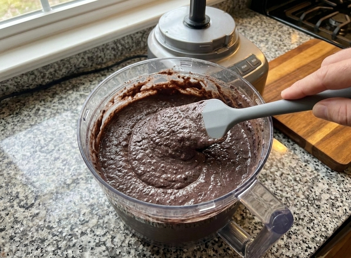 A food processor bowl filled with blended black bean dip, with a spatula scraping down the sides on a home kitchen counter
