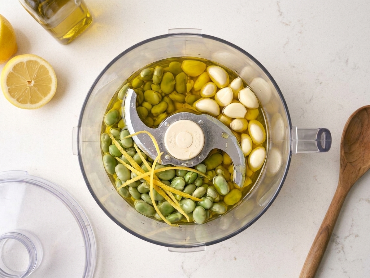 A food processor bowl filled with fava beans, lemon zest, garlic, and olive oil just before blending