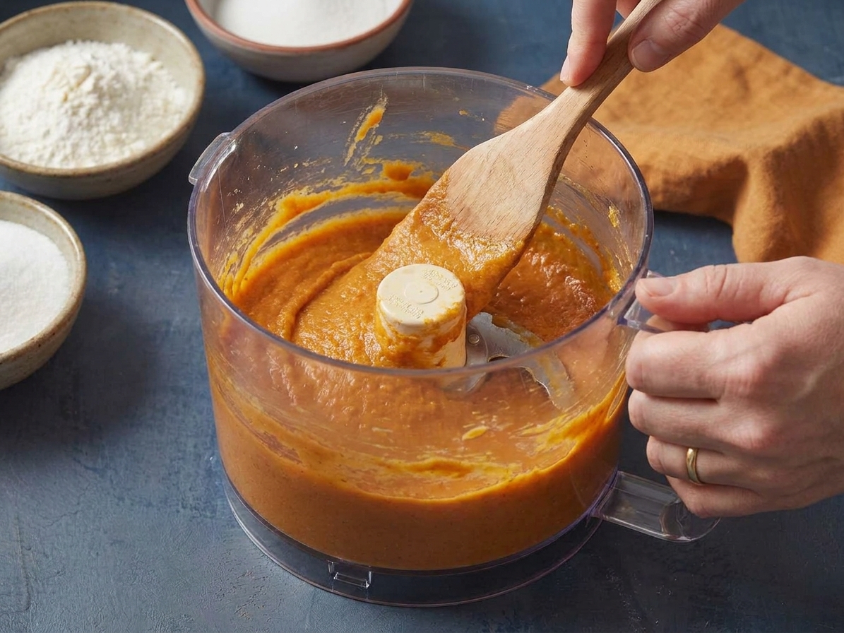 A food processor bowl filled with smooth carrot batter, with a spatula scraping down the sides on a kitchen counter