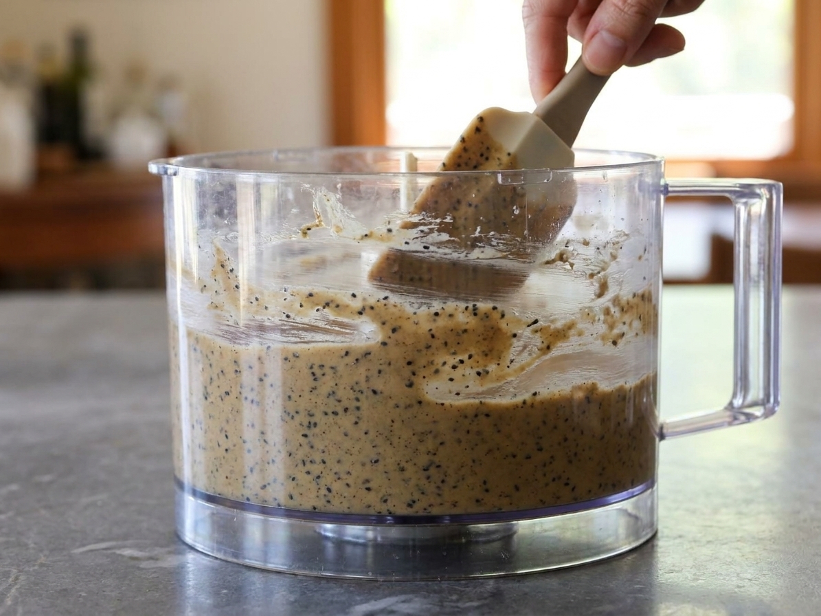 A food processor bowl filled with smooth, tan rice cracker batter, with a spatula scraping down the sides on a kitchen counter