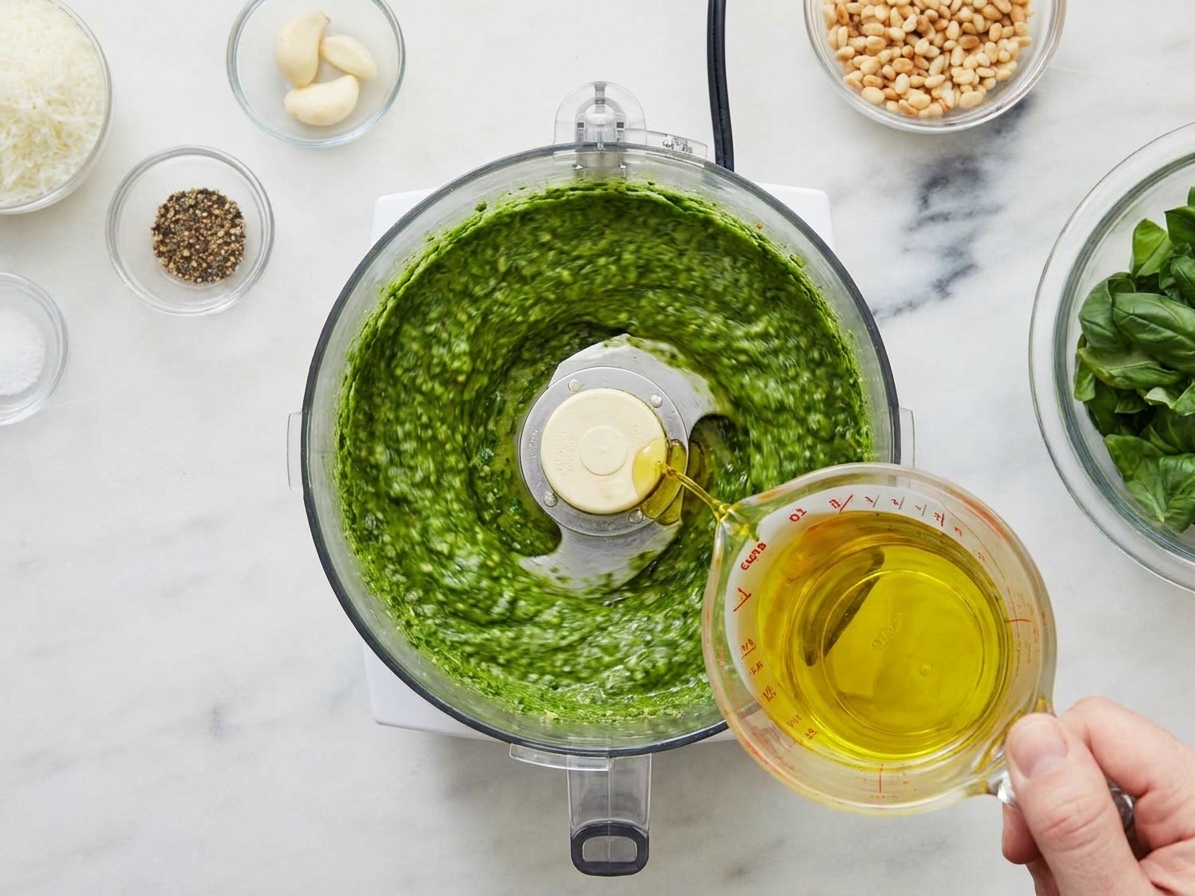 A food processor bowl mid-blend with bright green pesto forming along the sides as olive oil is drizzled in