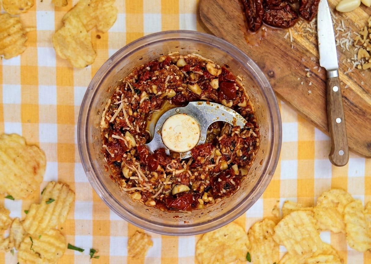 A food processor bowl with sun-dried tomatoes, nuts, and cheese partially blended into a chunky red mixture