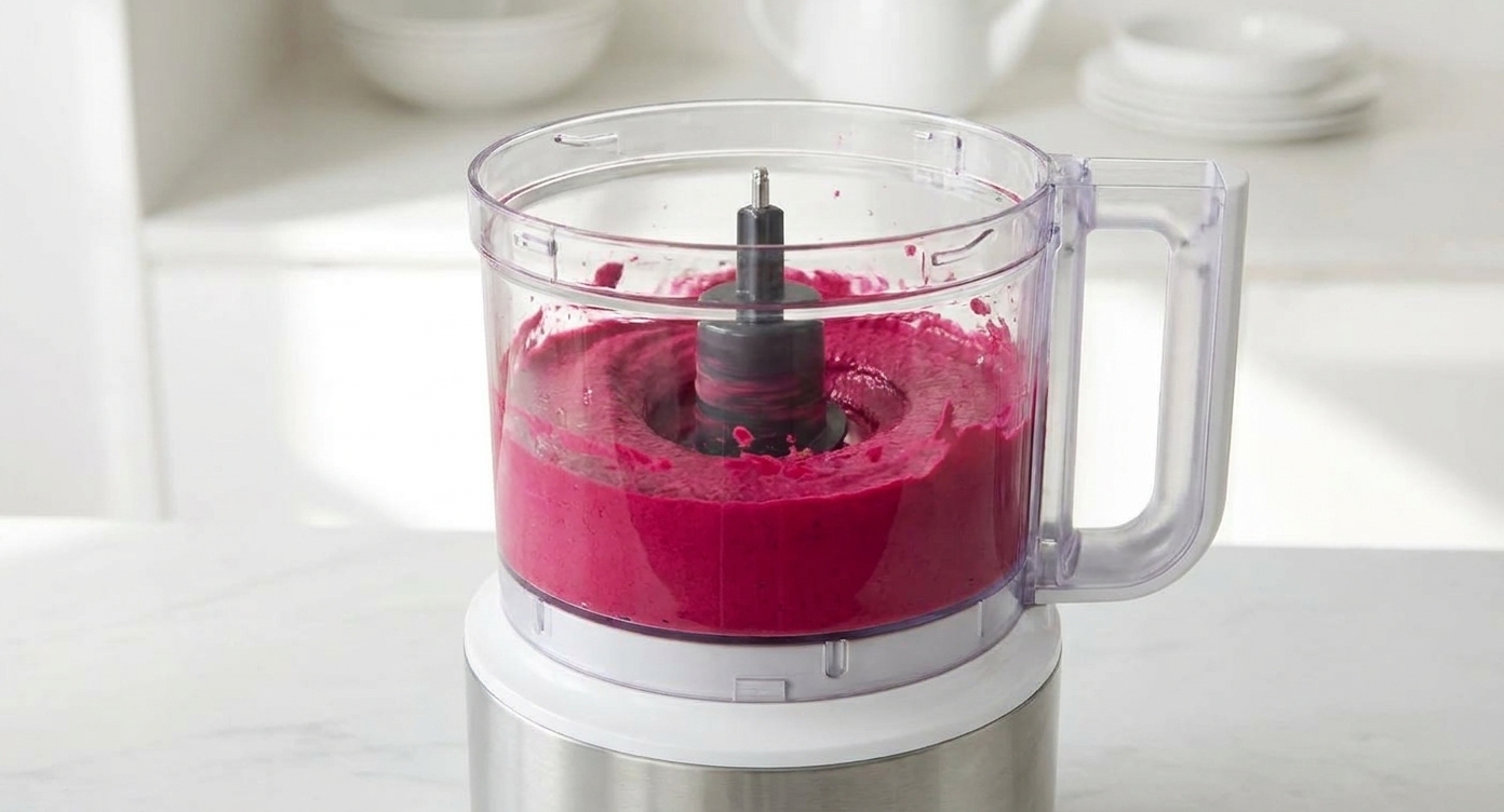 A food processor mid-blend with bright magenta beet hummus forming a smooth vortex on a kitchen counter