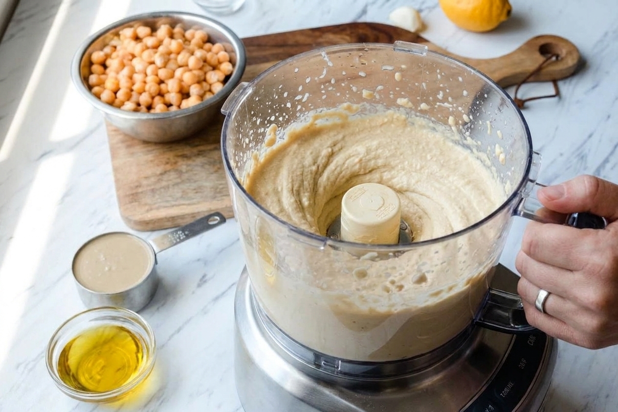 A food processor mid-blend with pale hummus swirling inside on a bright kitchen counter
