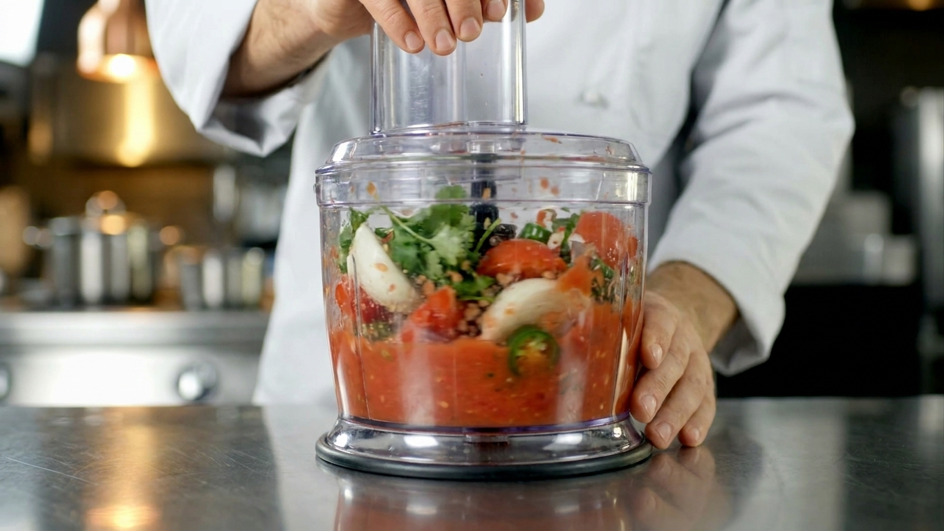 A food processor on a kitchen counter mid-blend with fresh salsa ingredients turning into a smooth salsa