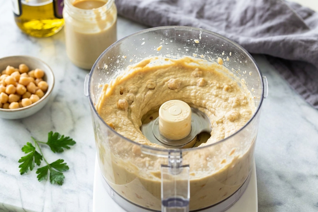A food processor running with chickpeas and tahini mixture swirling into a thick pale paste on a clean kitchen counter