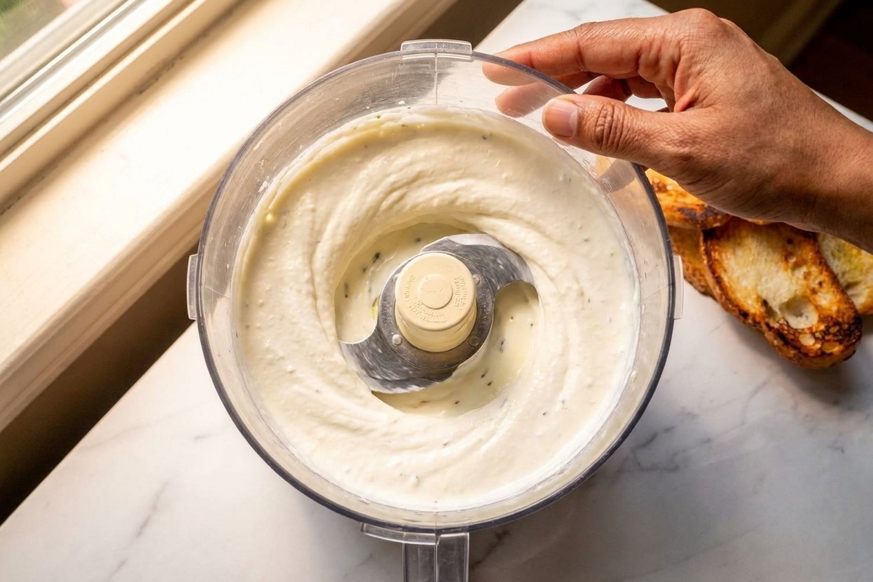 A food processor running with feta mixture turning smooth and creamy inside the bowl