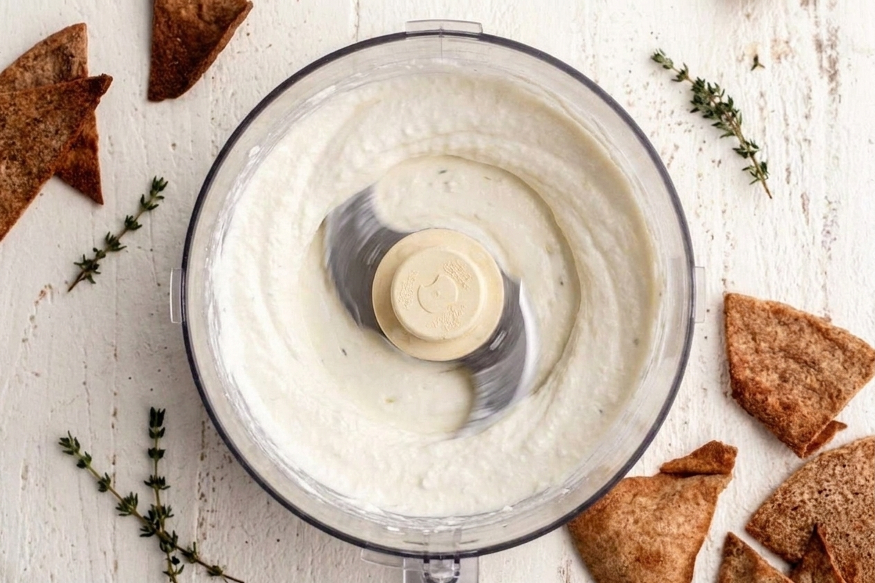A food processor running with feta mixture turning smooth and creamy through the clear lid