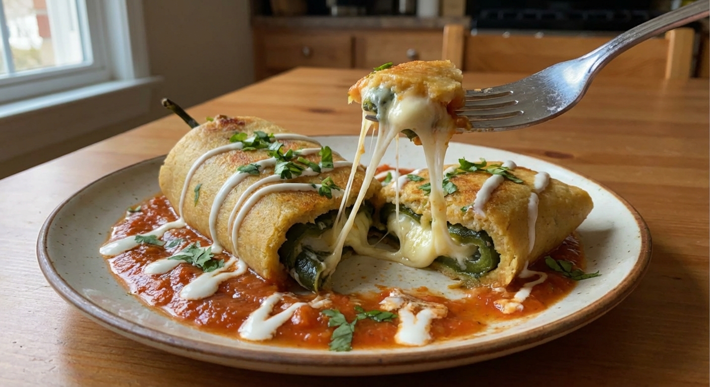 A fork cutting into a masa-wrapped chili relleno with melted cheese stretching
